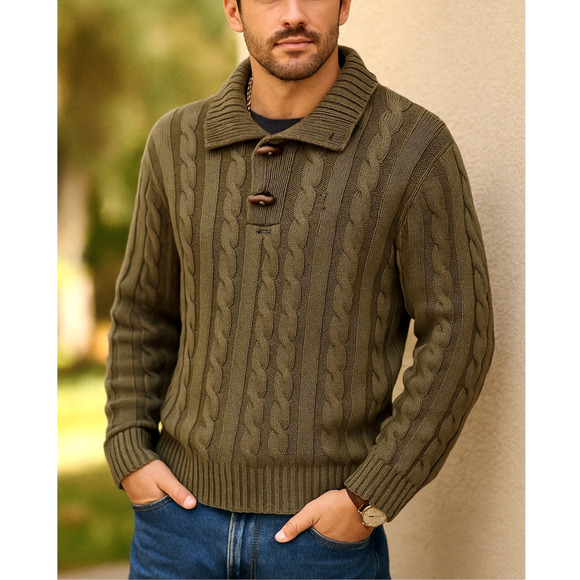 Ralph Lauren Polo L Cable Knit 100% Silk Sweater Wooden Toggles Olive Green - Picture 1 of 8